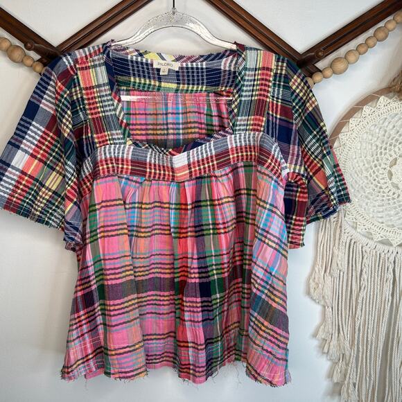 Pilcro Mixed Madras Flutter Sleeve Top - Picture 1 of 4